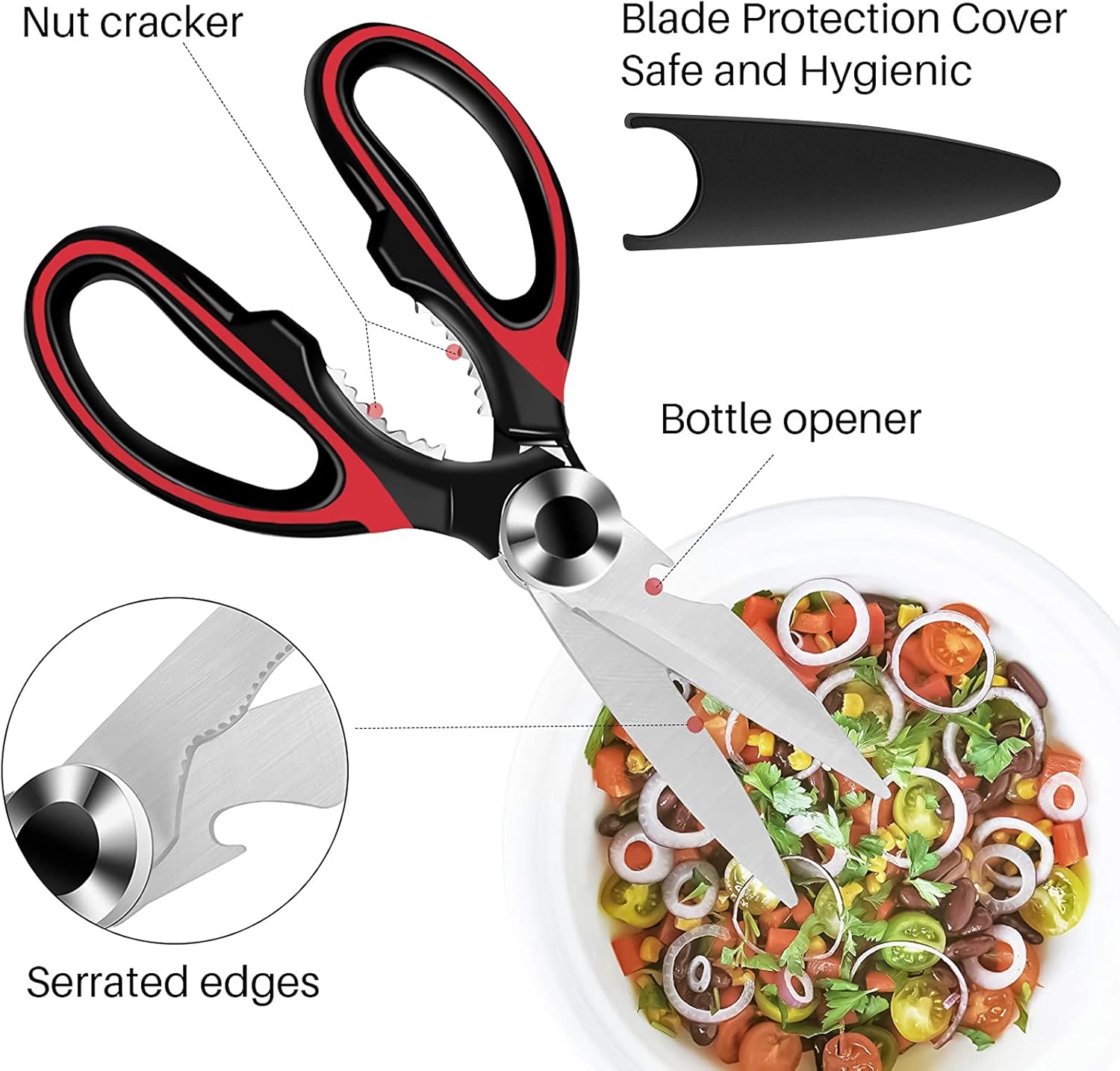 Heavy Duty Kitchen Shears with Protective Sheath Kitchen Meat Scissors, Dishwasher Safe Cooking Scissors for Chicken, Poultry, Fish, Herbs Black+Red