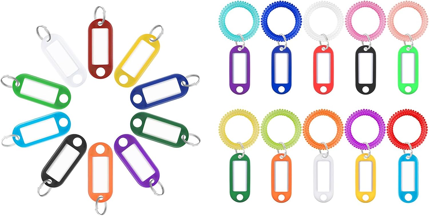 10 Pcs Wrist Spring Spiral Coil Keychains & 50 Pcs Key Tag Labels Plastic Colorful Stretchable Key Holder Wrist Bracelet Keychain with Label Hair Tie for ID Badge Sauna Gym Pool and Sport