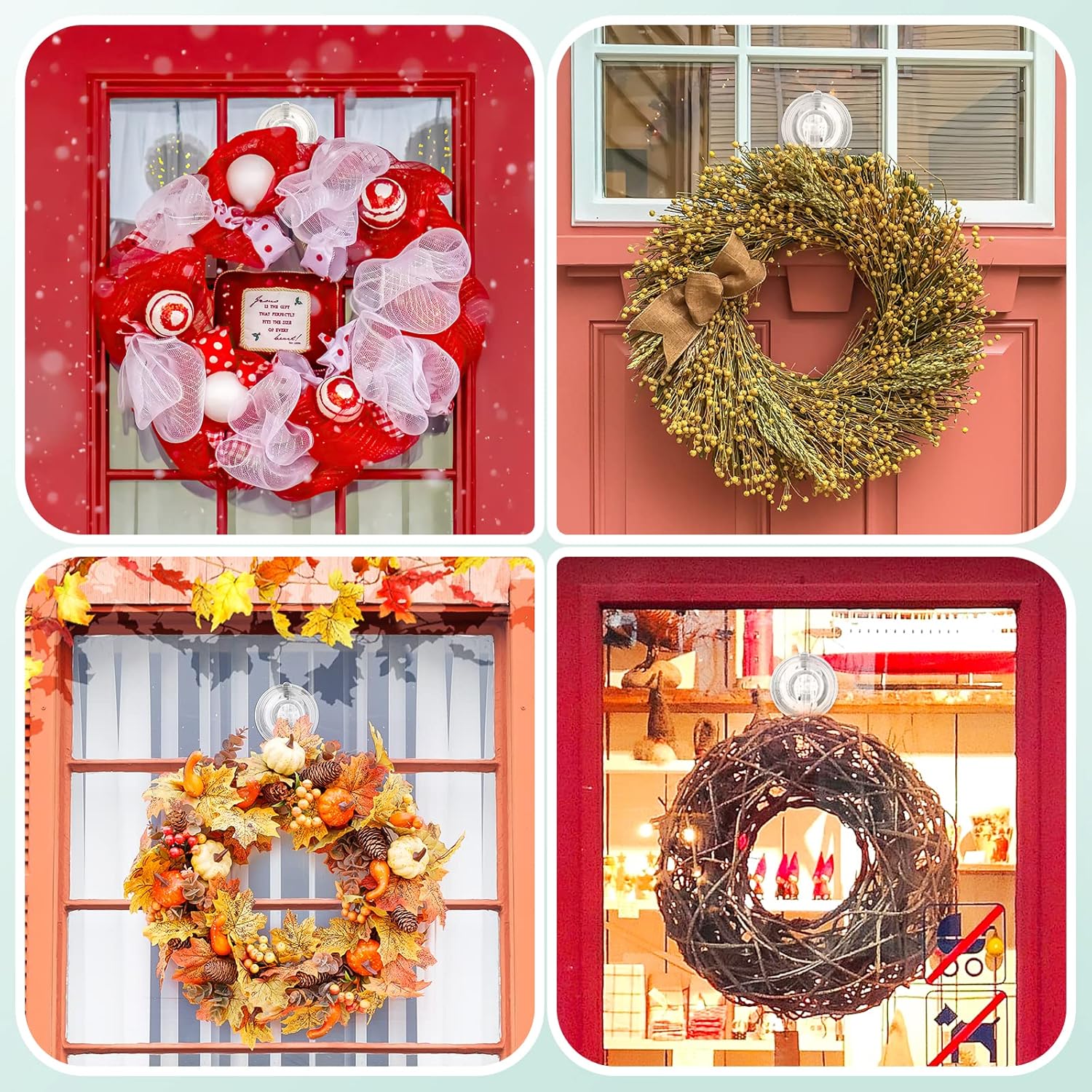 Wreath Hanger, Large Suction Cup Wreath Hooks with Wipes, Heavy Duty, 22 LB Capacity, Removable and Reusable, Clear, 2 Pcs