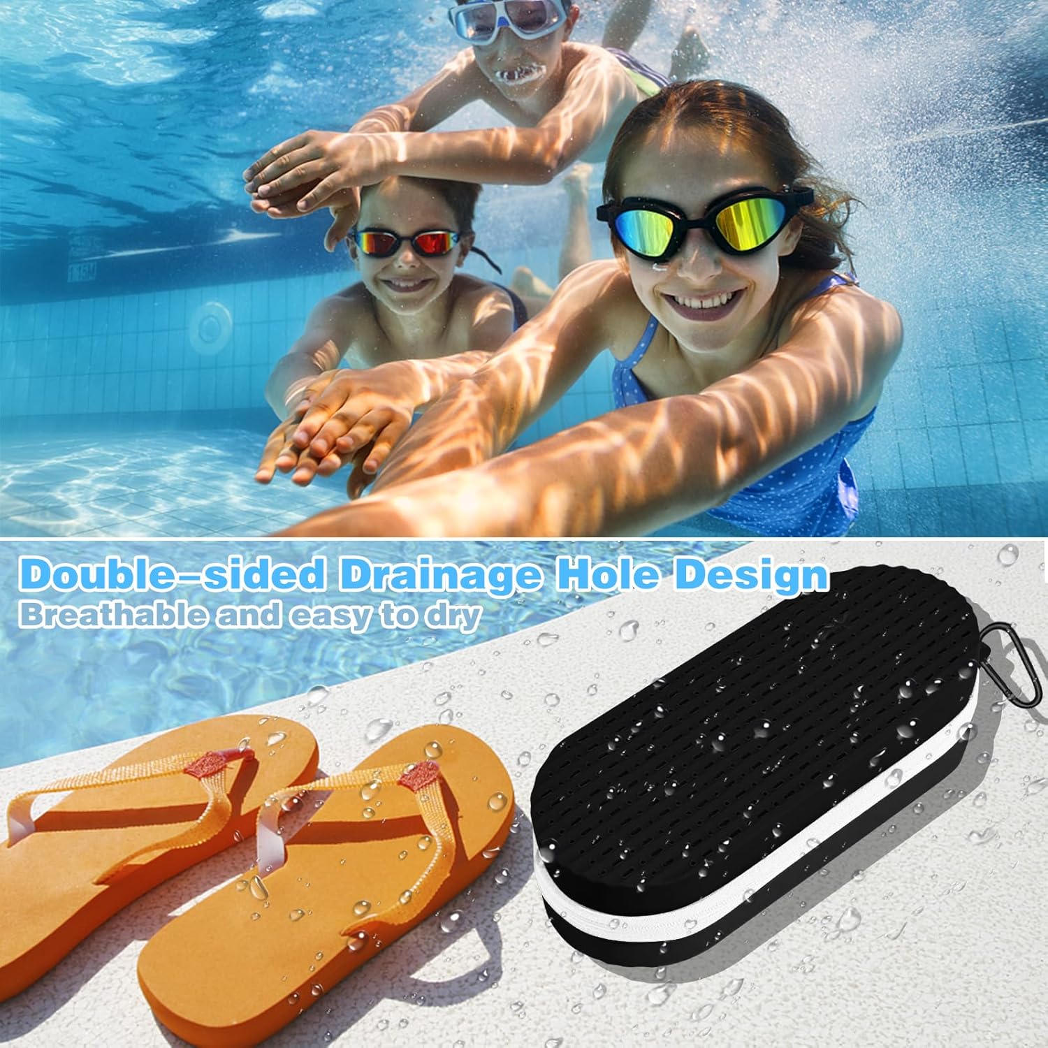 Swim Goggles Case with Drain Hole, Portable Zipper Eye Box with Hook for Goggles Sunglasses Eyeglass Black