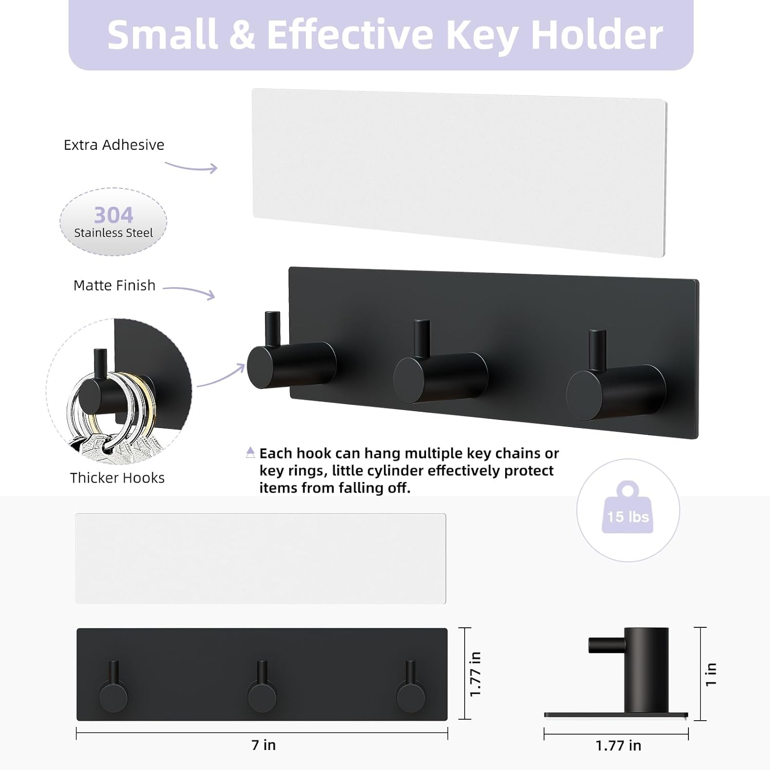 Key Holder Wall Mount, Small Metal Self Adhesive Key Hanger with 3 Hooks, No Drilling, Extra Adhesive Strip, Black