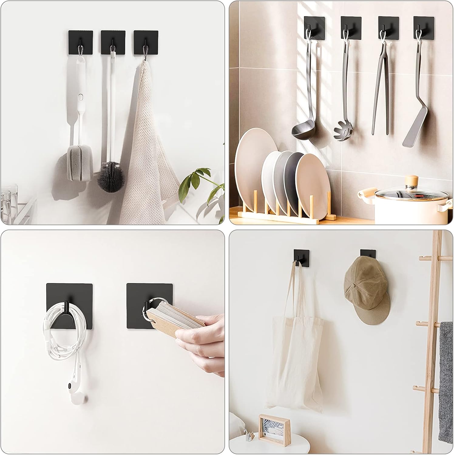Adhesive Towel Hooks, Waterproof Shower Wall Stick on Hooks, 2 Extra Adhesive Strips, Black, 4 Pcs