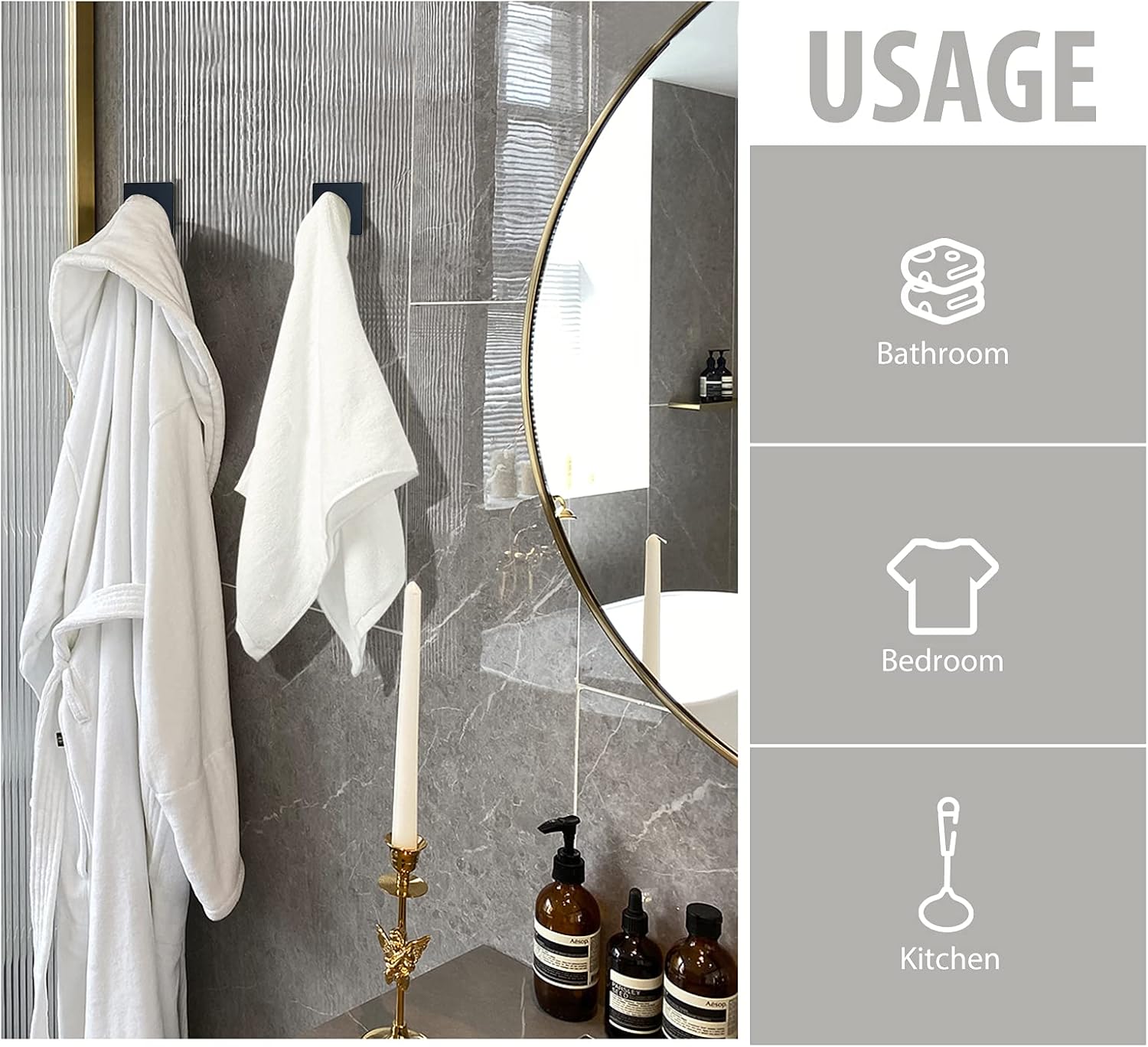 Adhesive Towel Hooks, Waterproof Shower Wall Stick on Hooks, 2 Extra Adhesive Strips, Black, 4 Pcs