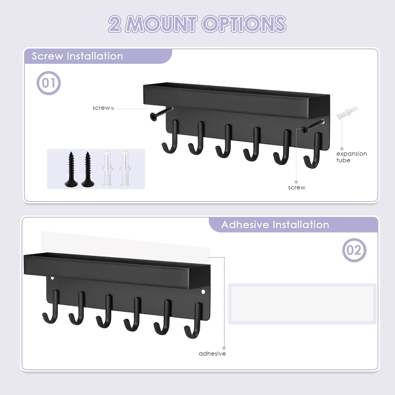 Key Holder Wall Mount, Compact Adhesive Key Rack with Tray, 6 Hooks, 2 Mount Options, Black
