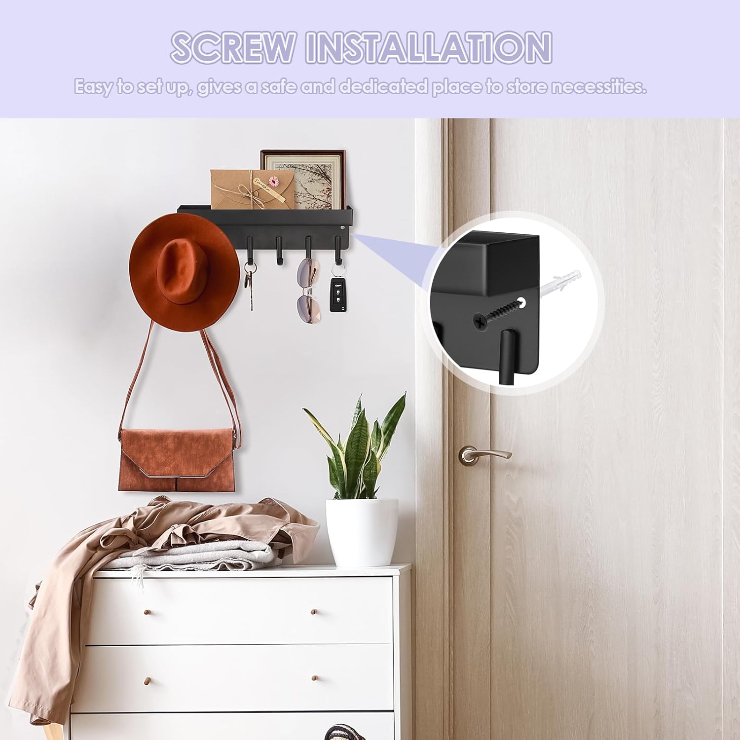 Key Holder Wall Mount, Compact Adhesive Key Rack with Tray, 6 Hooks, 2 Mount Options, Black