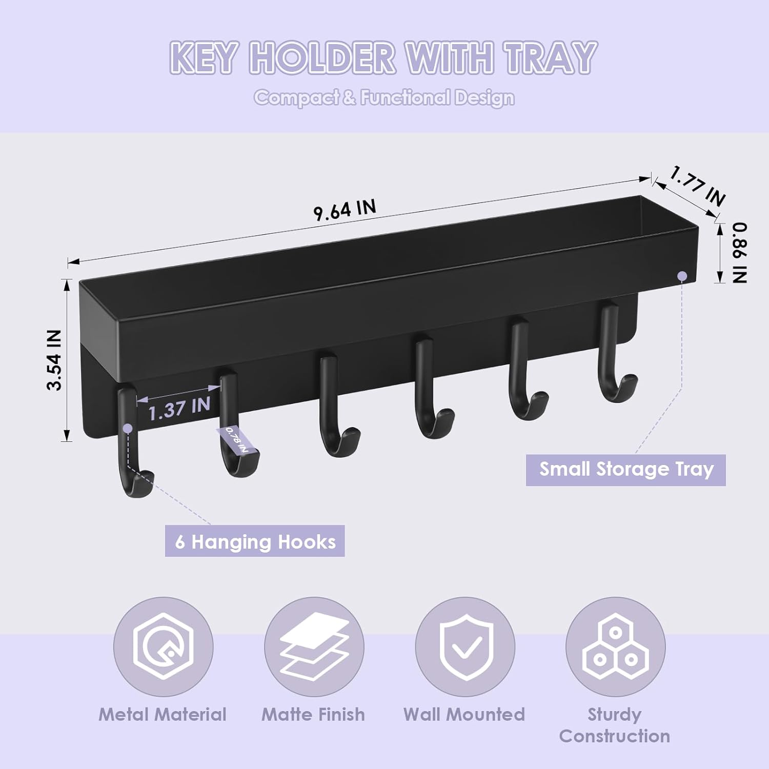 Key Holder Wall Mount, Compact Adhesive Key Rack with Tray, 6 Hooks, 2 Mount Options, Black