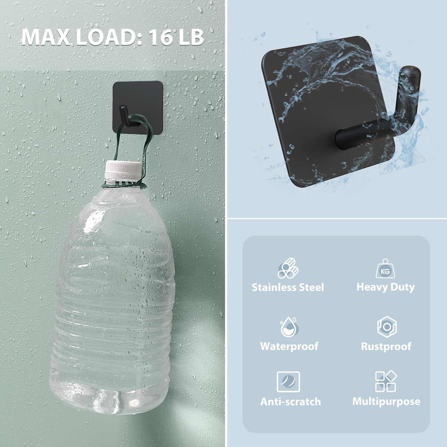 Adhesive Hooks, Heavy Duty Shower Wall Stick on Hooks, Waterproof, 2 Extra Adhesive Strips, Black, 4 Pcs