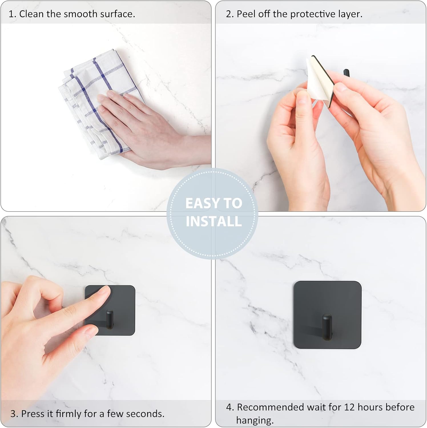 Adhesive Hooks, Heavy Duty Shower Wall Stick on Hooks, Waterproof, 2 Extra Adhesive Strips, Black, 4 Pcs