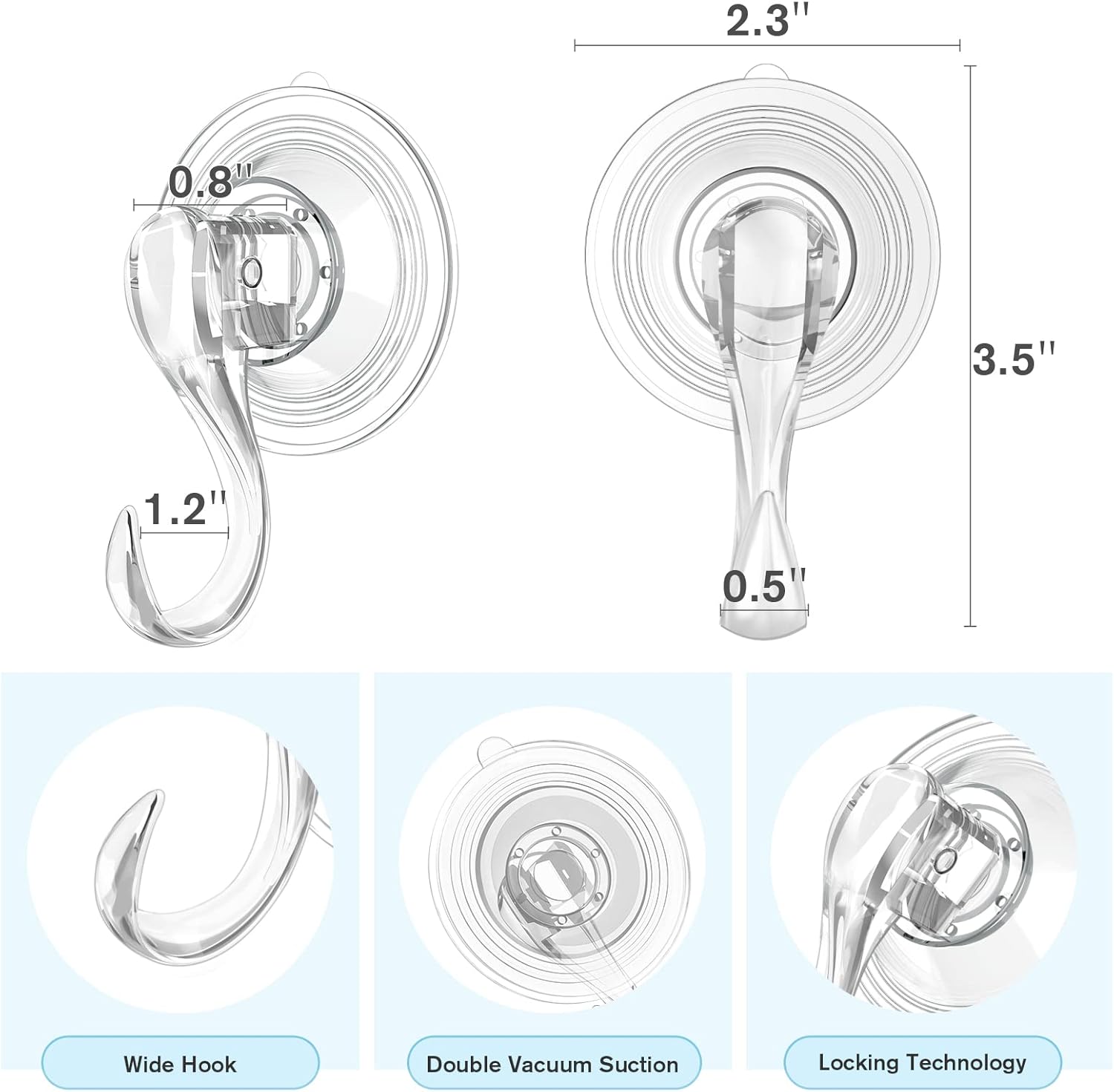 Suction Cup Hooks, Small Shower Suction Hooks with Wipes, Heavy Duty, Removable and Reusable, Clear, 2 Pcs