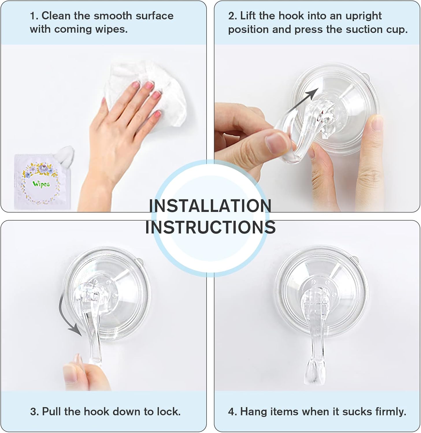 Suction Cup Hooks, Small Shower Suction Hooks with Wipes, Heavy Duty, Removable and Reusable, Clear, 2 Pcs