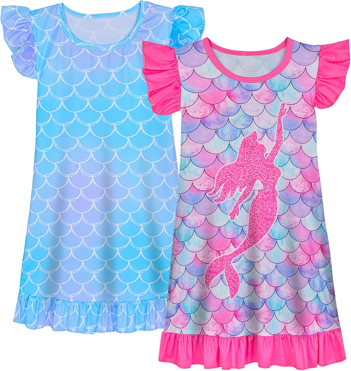 2pcs Girls Nightgowns Unicorn Mermaid Pajamas for Toddler Girls Princess Nightgown Sleepwear for Kids 3-9 Years