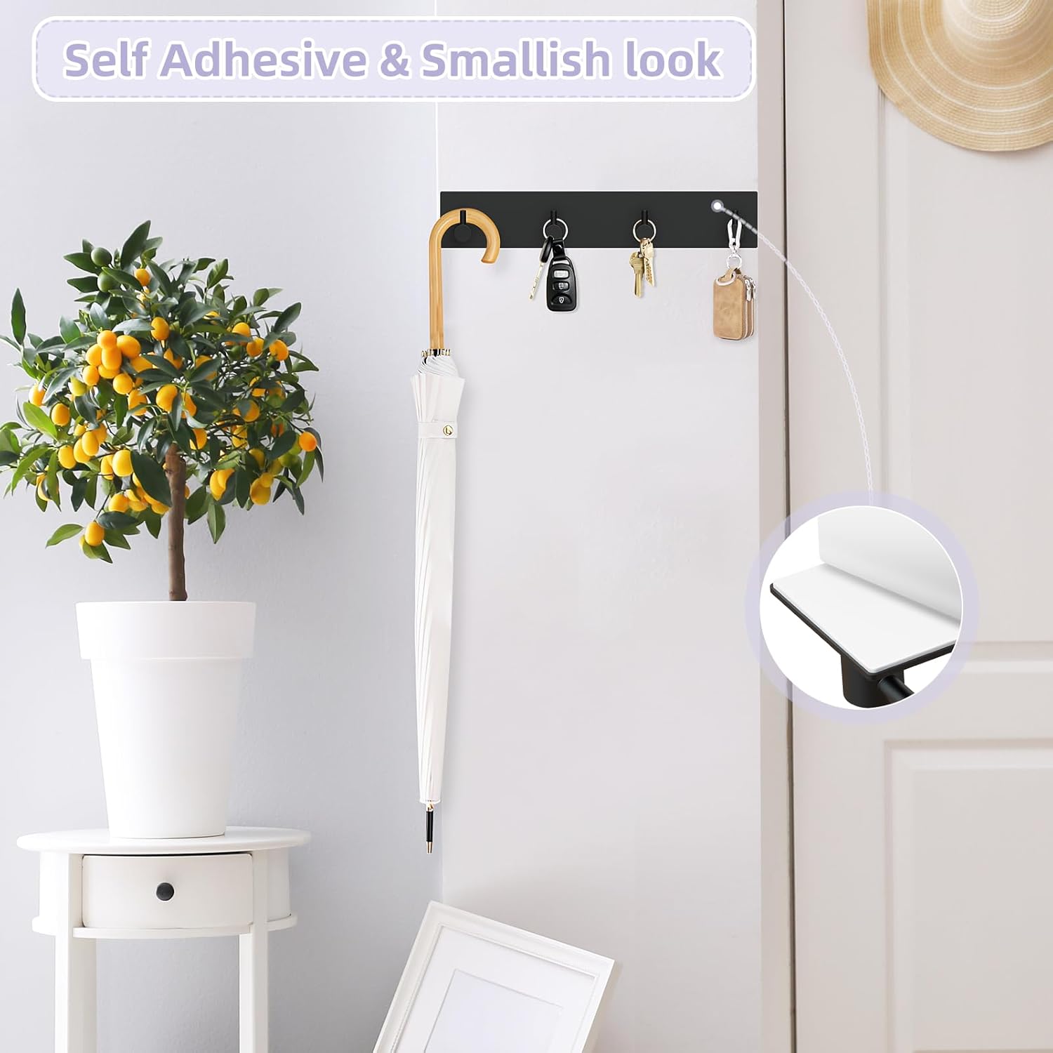 Key Holder Wall Mount, Large Metal Self Adhesive Key Hanger with 4 Hooks, No Drilling, Extra Adhesive Strip, Black