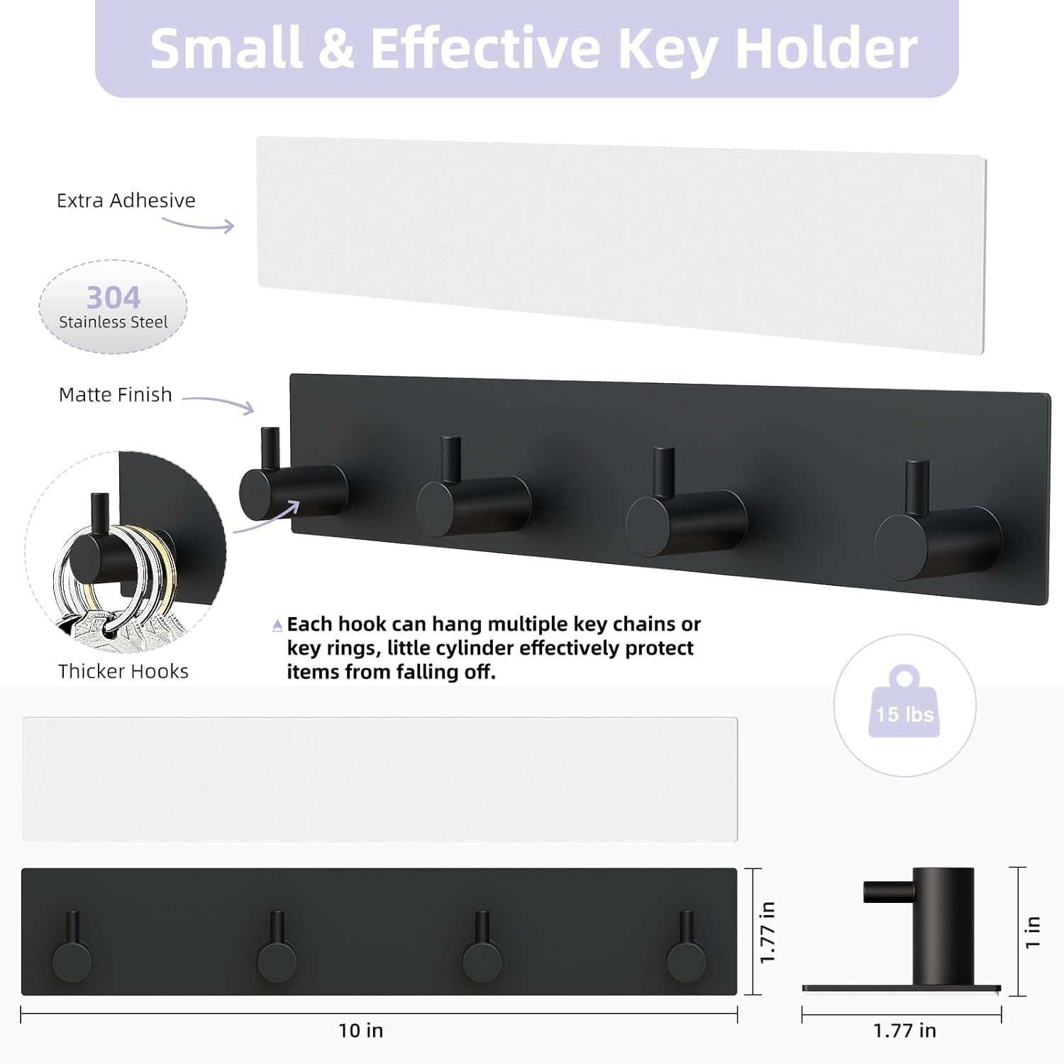 Key Holder Wall Mount, Large Metal Self Adhesive Key Hanger with 4 Hooks, No Drilling, Extra Adhesive Strip, Black