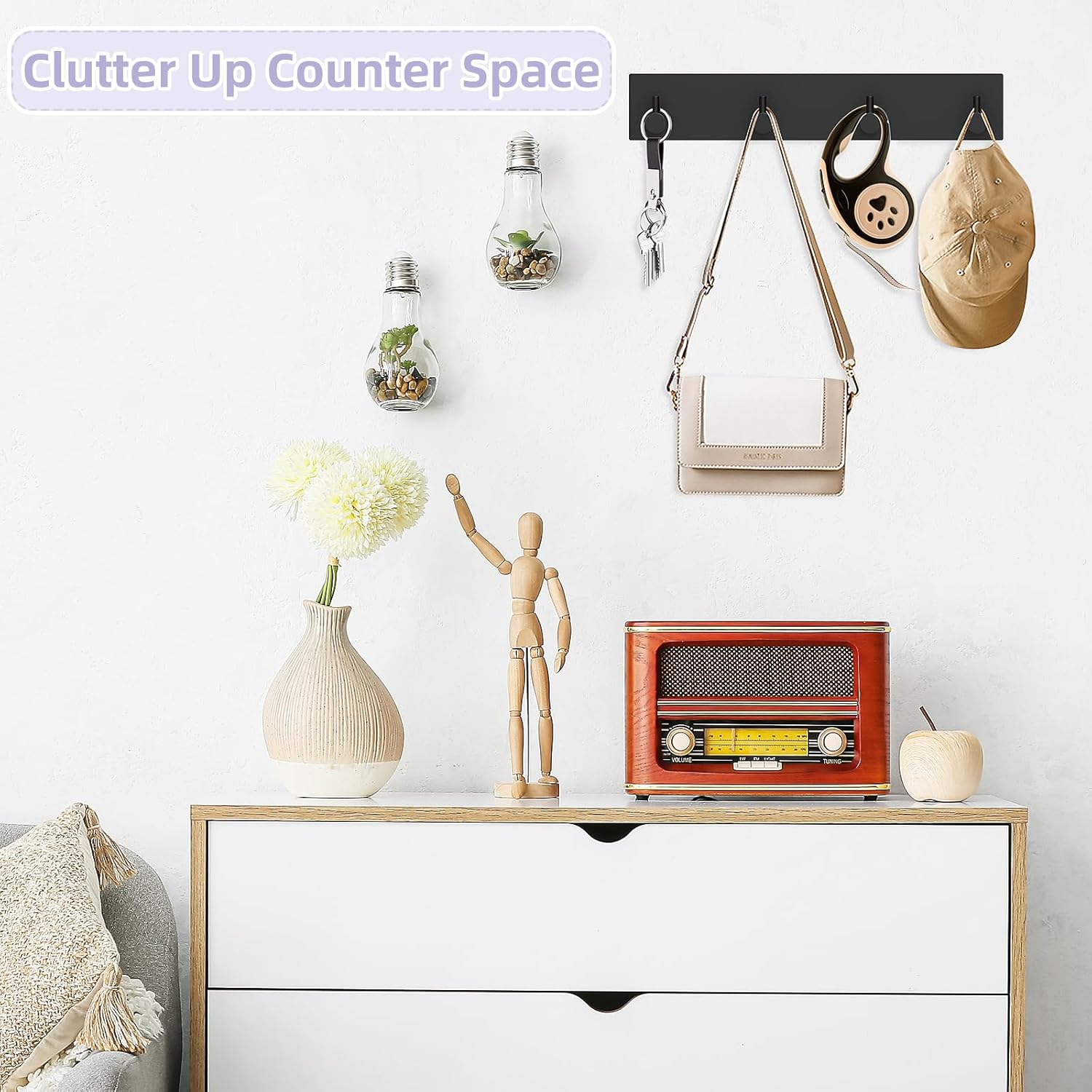 Key Holder Wall Mount, Large Metal Self Adhesive Key Hanger with 4 Hooks, No Drilling, Extra Adhesive Strip, Black