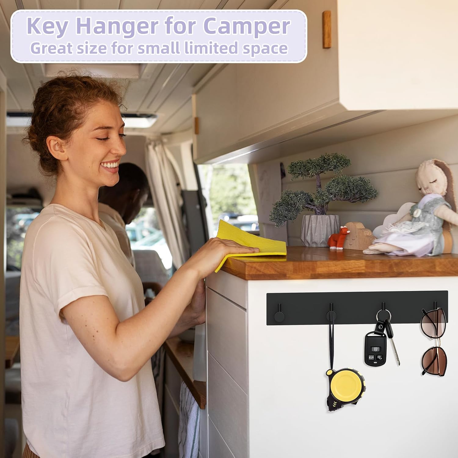 Key Holder Wall Mount, Large Metal Self Adhesive Key Hanger with 4 Hooks, No Drilling, Extra Adhesive Strip, Black