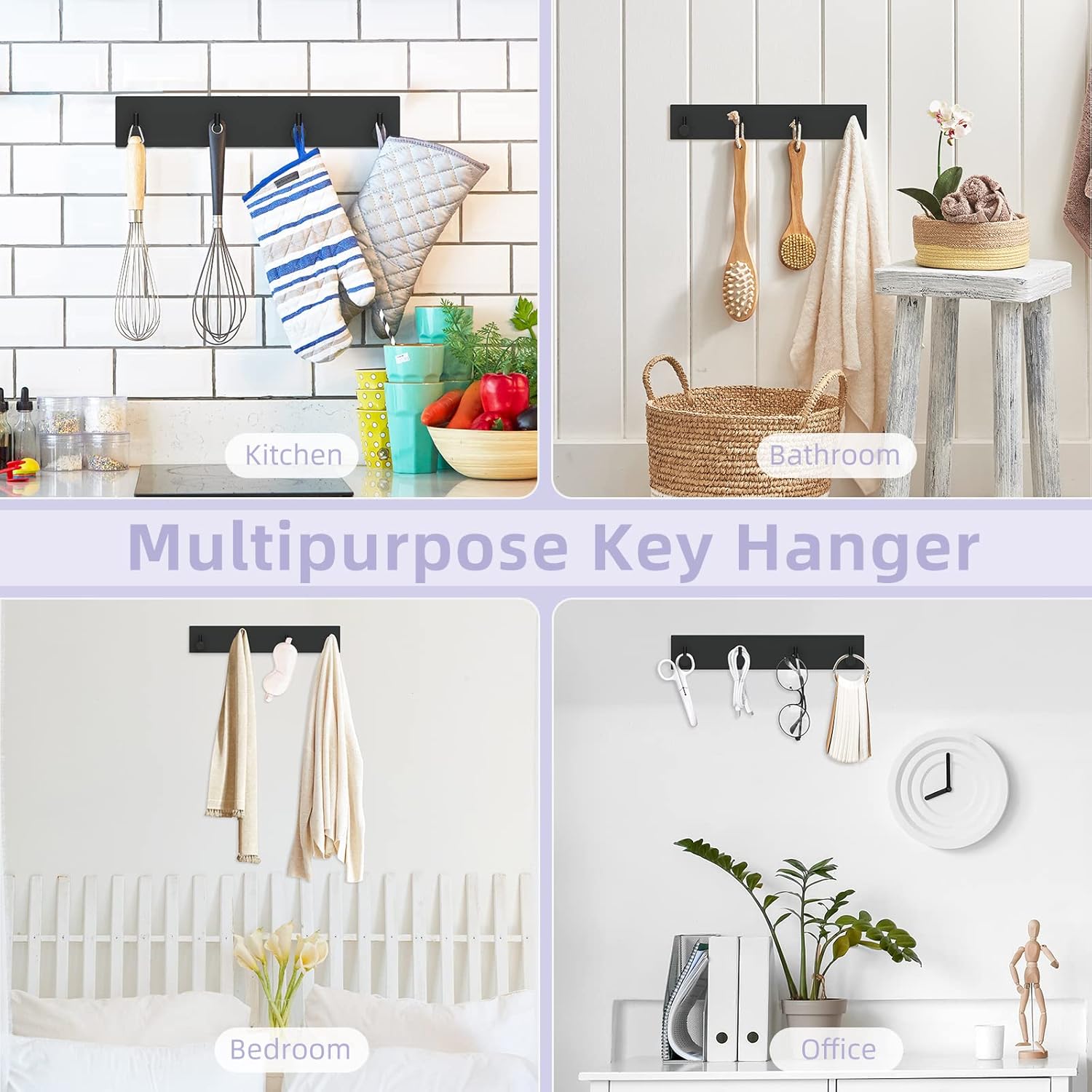 Key Holder Wall Mount, Large Metal Self Adhesive Key Hanger with 4 Hooks, No Drilling, Extra Adhesive Strip, Black