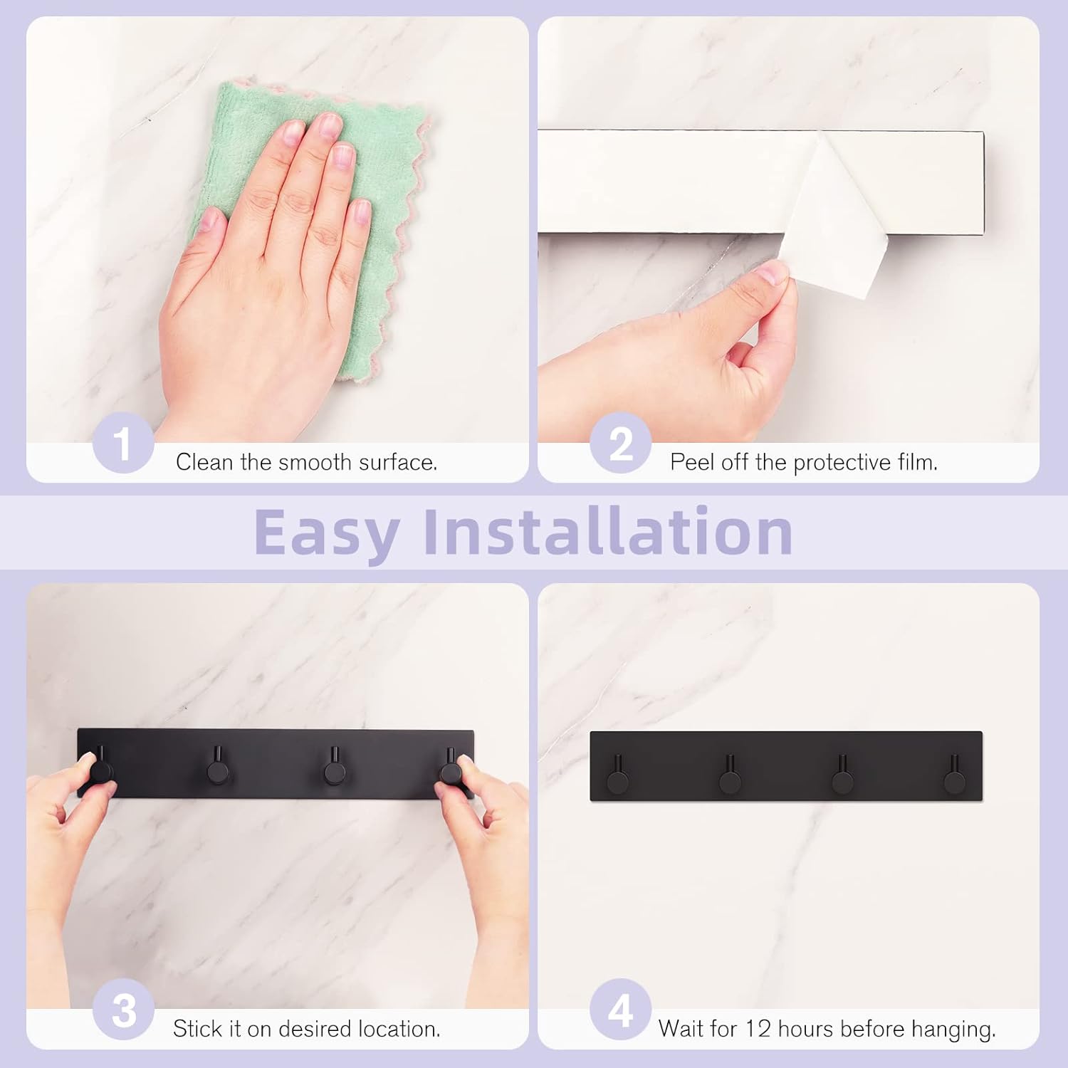 Key Holder Wall Mount, Large Metal Self Adhesive Key Hanger with 4 Hooks, No Drilling, Extra Adhesive Strip, Black