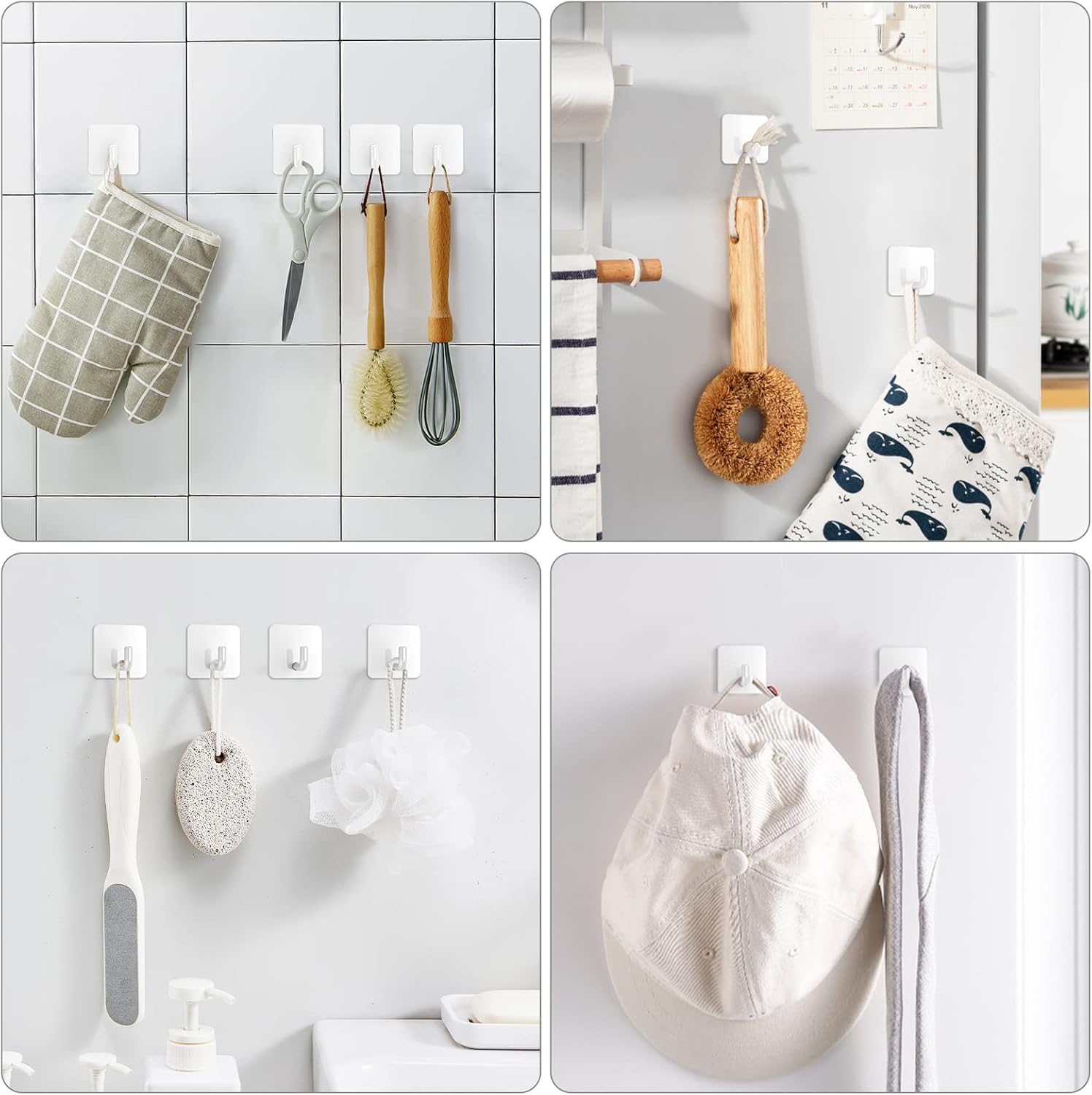 Adhesive Hooks, Metal Shower Wall Stick on Hooks, Waterproof, 2 Extra Adhesive Strips, White, 4 Pcs