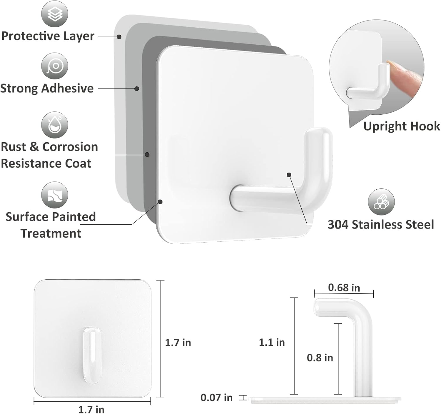 Adhesive Hooks, Metal Shower Wall Stick on Hooks, Waterproof, 2 Extra Adhesive Strips, White, 4 Pcs