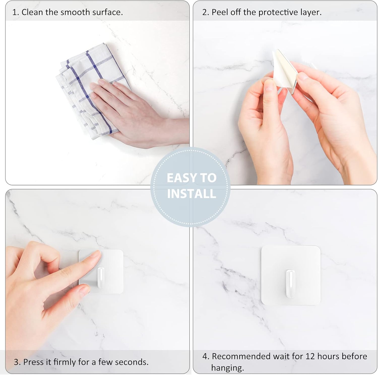 Adhesive Hooks, Metal Shower Wall Stick on Hooks, Waterproof, 2 Extra Adhesive Strips, White, 4 Pcs