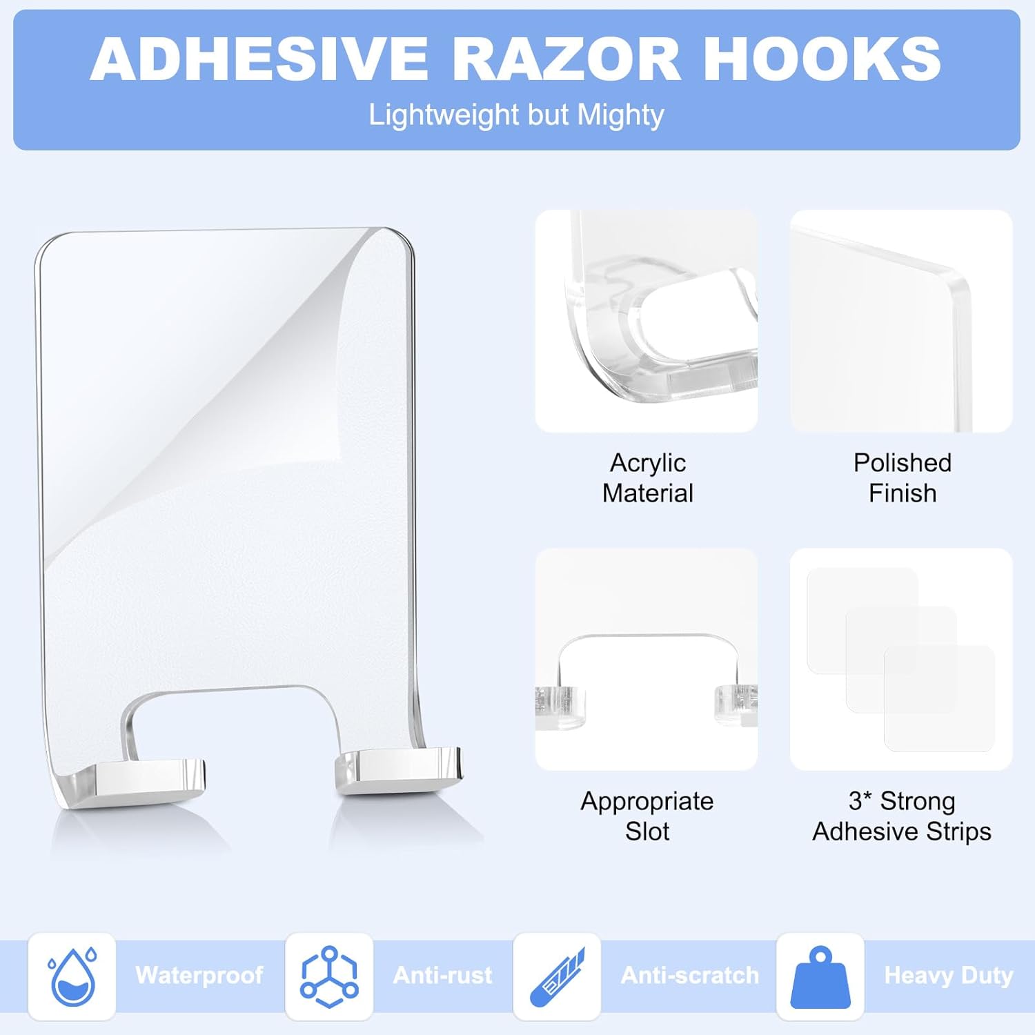 Adhesive Razor Holder, Wall Mount Shower Razor Hooks for His and Hers, Acrylic, Waterproof, Clear, 2 Pcs