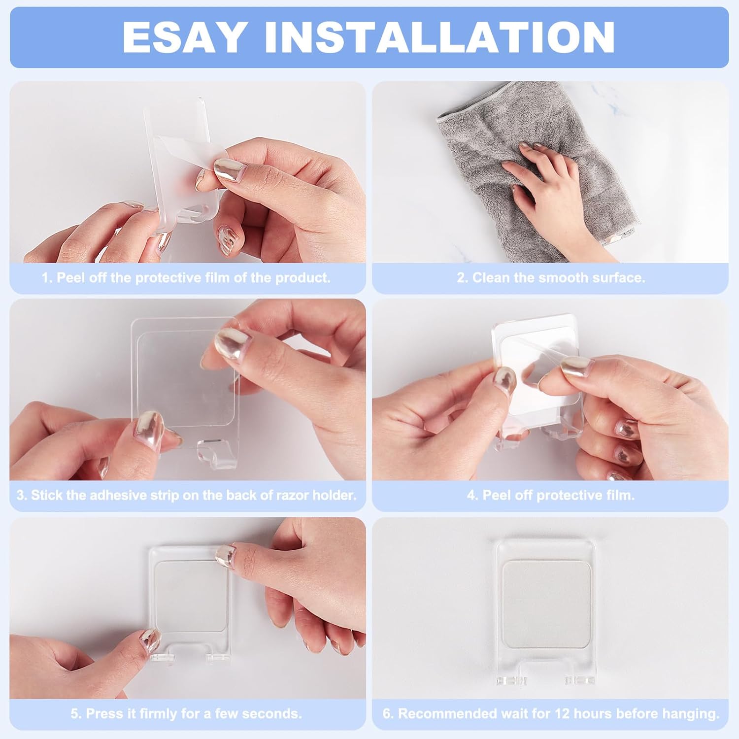 Adhesive Razor Holder, Wall Mount Shower Razor Hooks for His and Hers, Acrylic, Waterproof, Clear, 2 Pcs