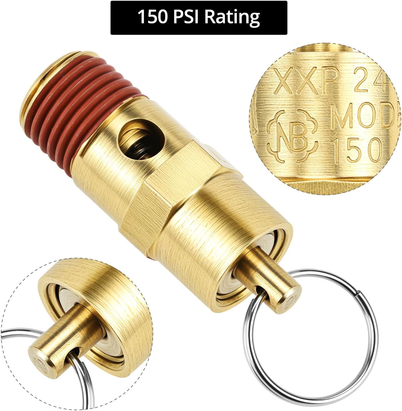 Brass Pressure Relief Valve 2 Pack - 1/4 Inch NPT Threaded, 150 PSI Rating, Air Compressor Check Valve with Seal Thread Locks