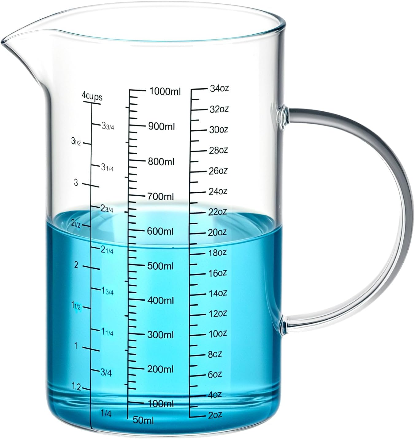 34OZ/1000ML Glass Measuring Cup Ml/Oz/Cup , 4 Cups Multi-Purpose Kitchen Tool with V-Shaped Spout & Handle