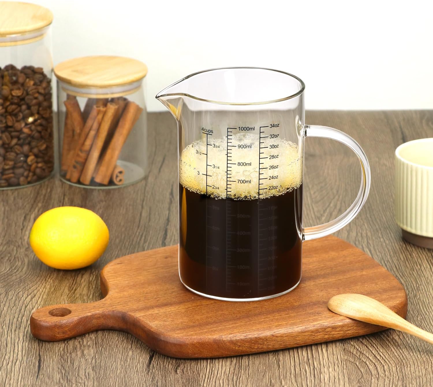 34OZ/1000ML Glass Measuring Cup Ml/Oz/Cup , 4 Cups Multi-Purpose Kitchen Tool with V-Shaped Spout & Handle