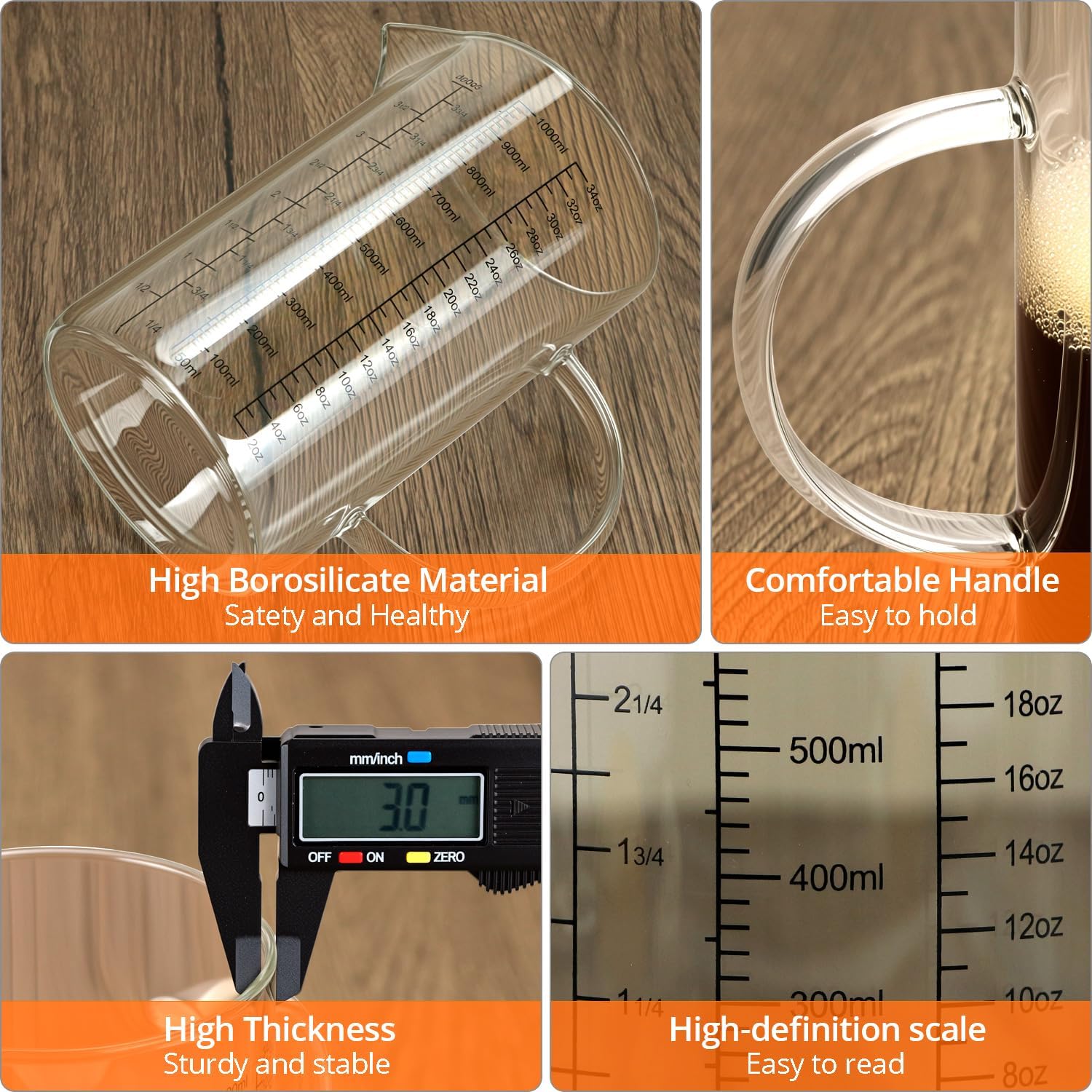 34OZ/1000ML Glass Measuring Cup Ml/Oz/Cup , 4 Cups Multi-Purpose Kitchen Tool with V-Shaped Spout & Handle
