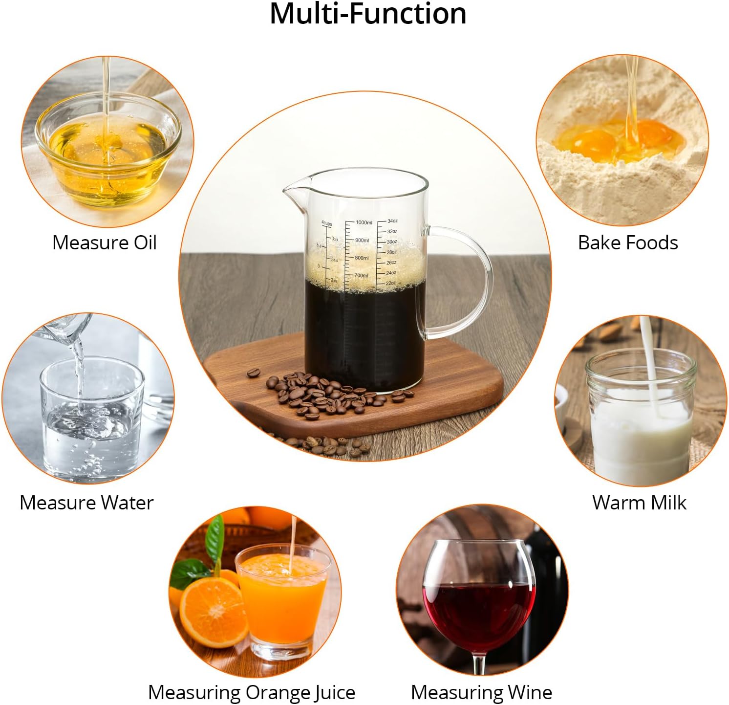 34OZ/1000ML Glass Measuring Cup Ml/Oz/Cup , 4 Cups Multi-Purpose Kitchen Tool with V-Shaped Spout & Handle