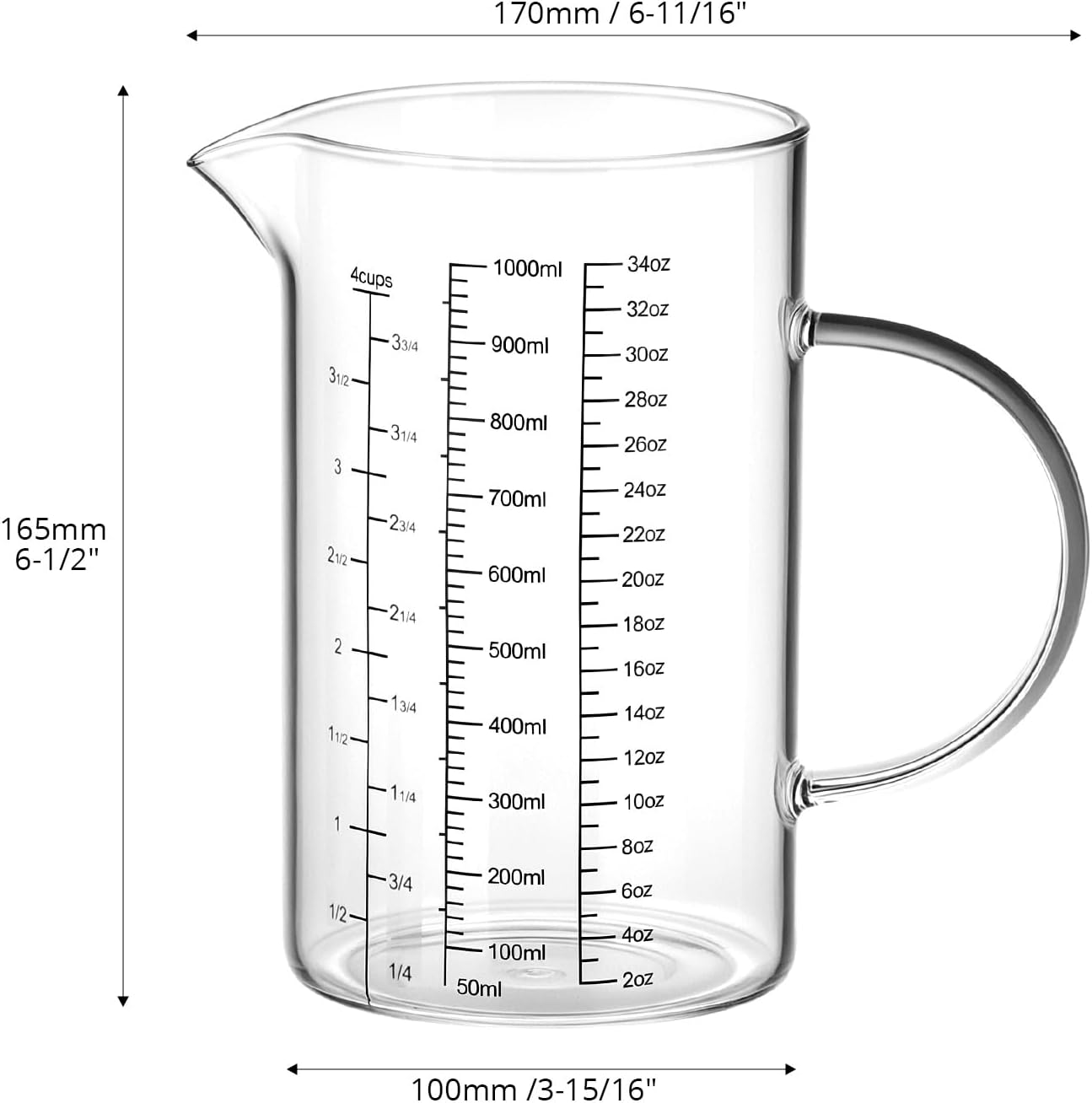 34OZ/1000ML Glass Measuring Cup Ml/Oz/Cup , 4 Cups Multi-Purpose Kitchen Tool with V-Shaped Spout & Handle