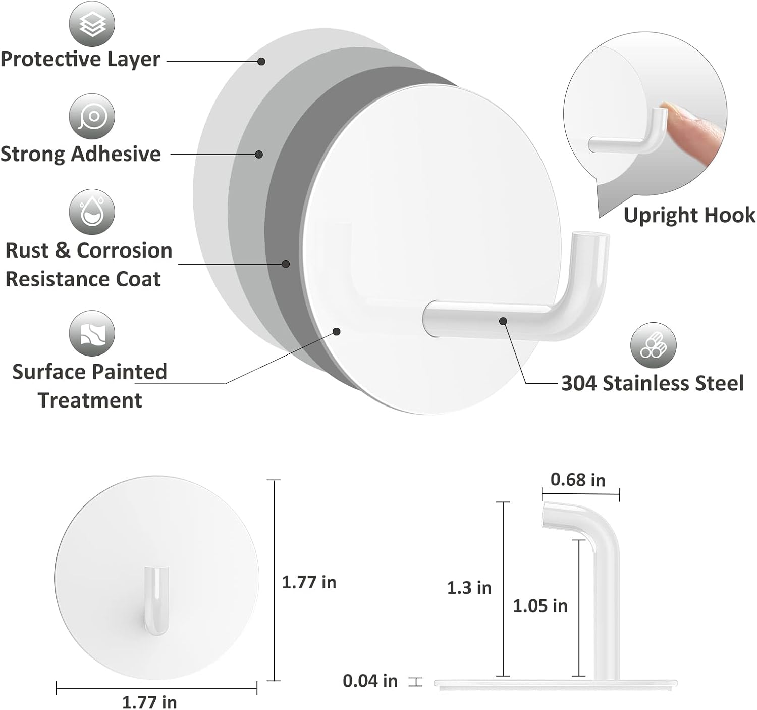 Adhesive Hooks, Small Metal Shower Wall Stick on Hooks, Waterproof, 2 Extra Adhesive Strips, Round, White, 4 Pcs