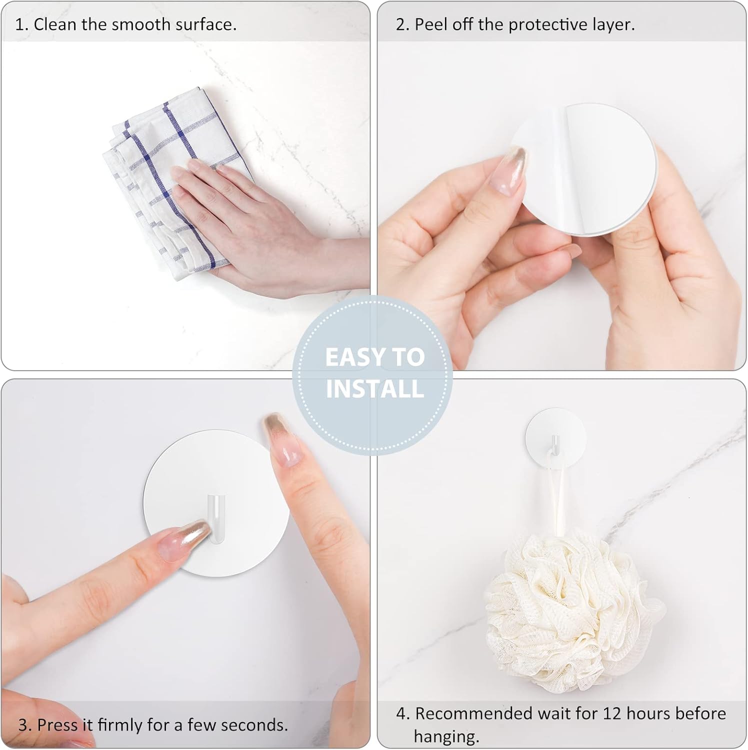 Adhesive Hooks, Small Metal Shower Wall Stick on Hooks, Waterproof, 2 Extra Adhesive Strips, Round, White, 4 Pcs