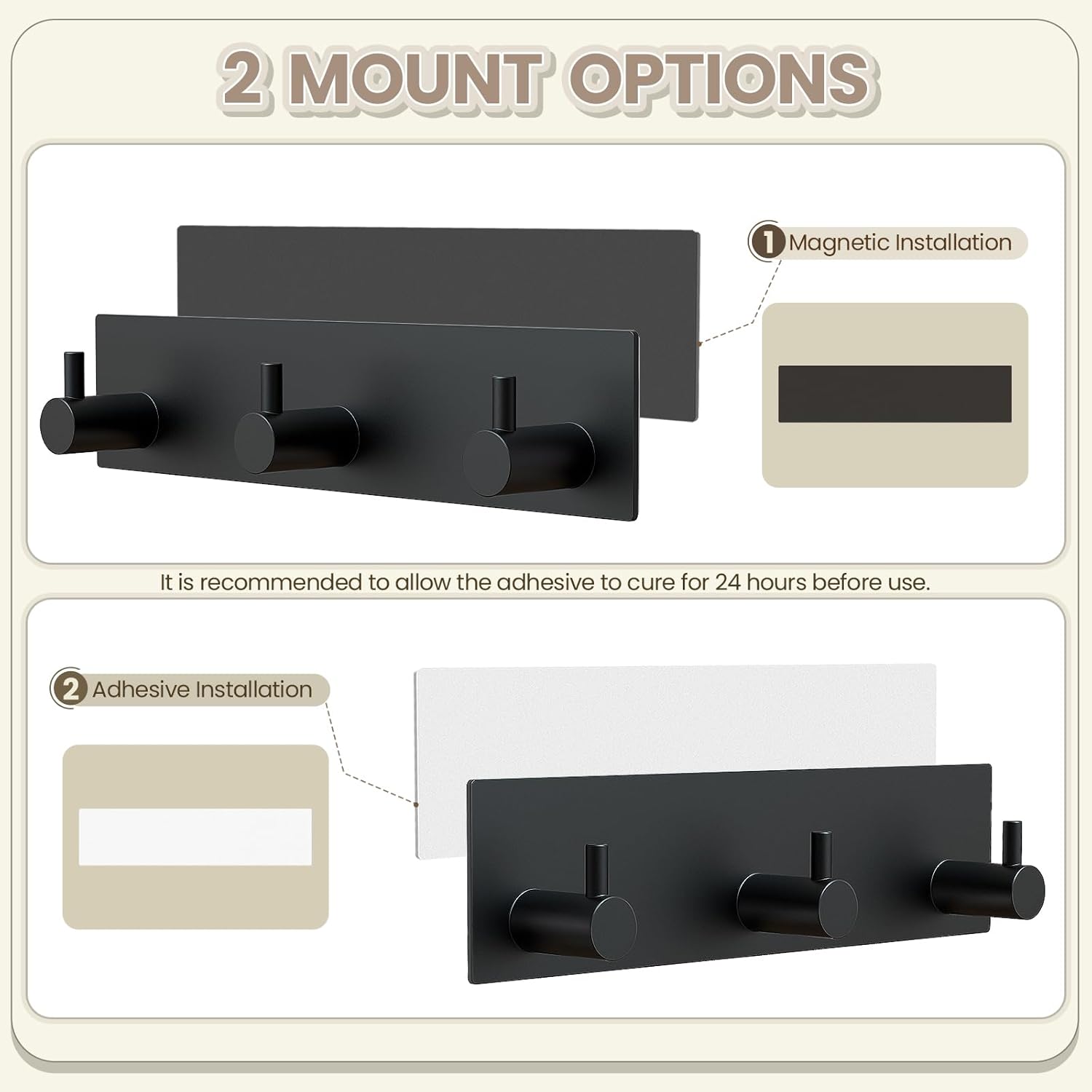 Magnetic Key Holder Wall Mount, Metal Adhesive Key Hanger with 3 Hooks, No Drilling, 2 Mount Options, Black, Small