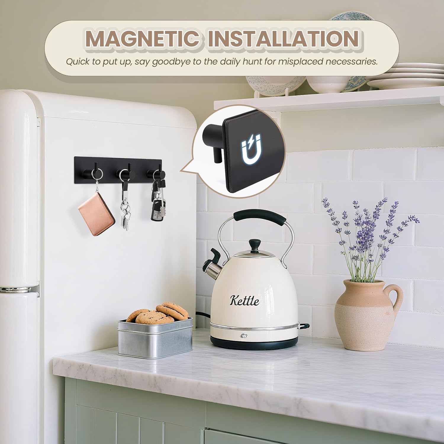 Magnetic Key Holder Wall Mount, Metal Adhesive Key Hanger with 3 Hooks, No Drilling, 2 Mount Options, Black, Small
