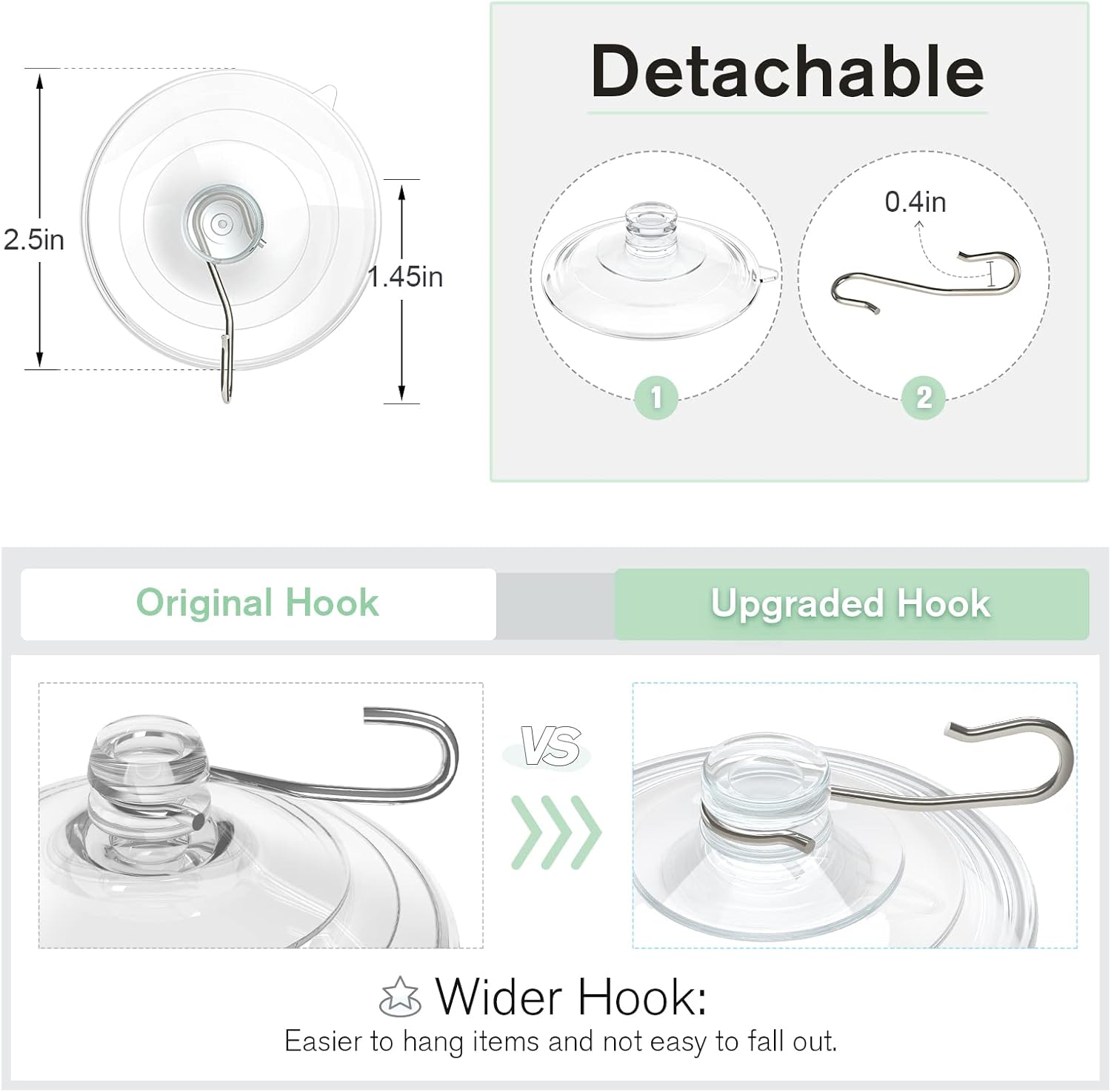 2 Pcs Large Suction Cup Hooks and 10 Pcs Large Suction Cup with Metal Hooks