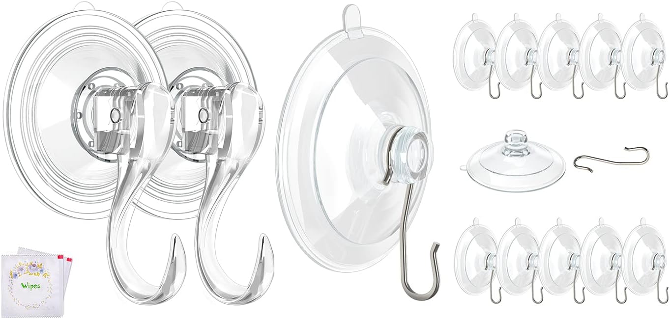 2 Pcs Large Suction Cup Hooks 12 Pcs Small Suction Cup with Metal Hooks