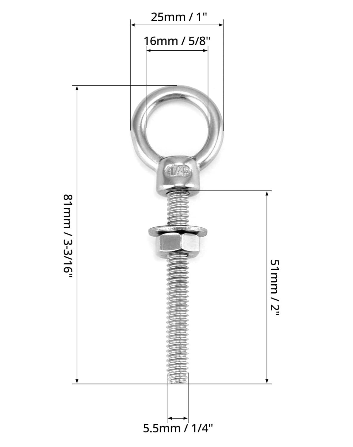 Shoulder Eye Bolts, 10 Pack 316 Stainless Steel Shoulder Threaded Eyebolts- 1/4" x 2" with High Corrosion Resistance and 400 lbs WLL - for Straight and Angular Pulls