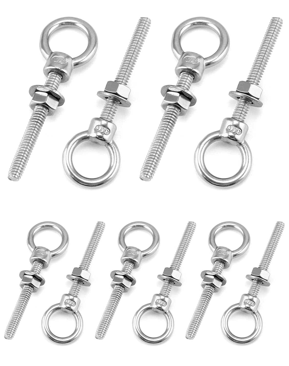Shoulder Eye Bolts, 10 Pack 316 Stainless Steel Shoulder Threaded Eyebolts- 1/4" x 2" with High Corrosion Resistance and 400 lbs WLL - for Straight and Angular Pulls