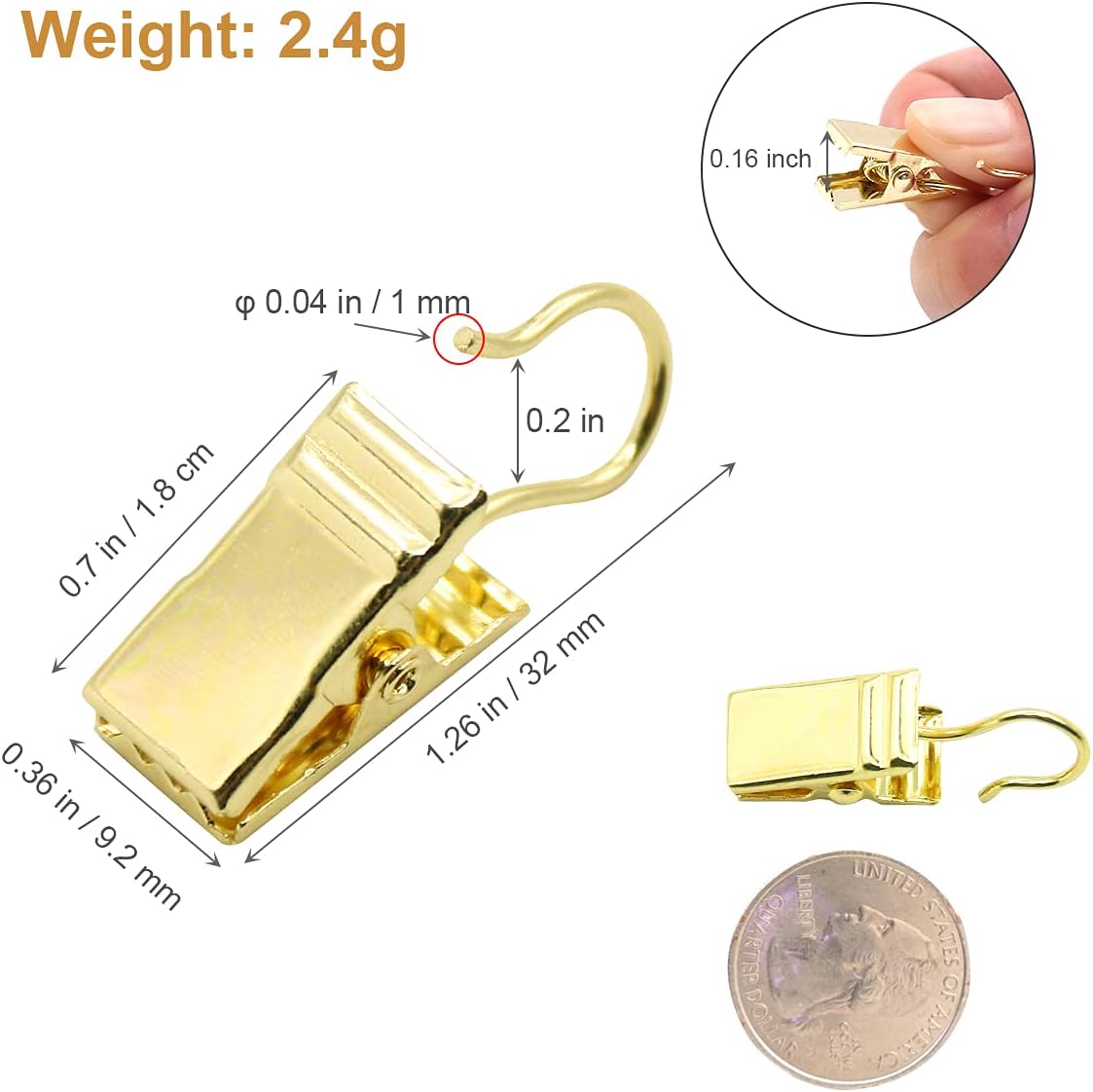 Small Curtain Clips Gold - 100 Pack Stainless Steel Curtain Hooks for Hanging Party String Lights Indoor, Art Crafts, Christmas Wedding Decoration Light Gold