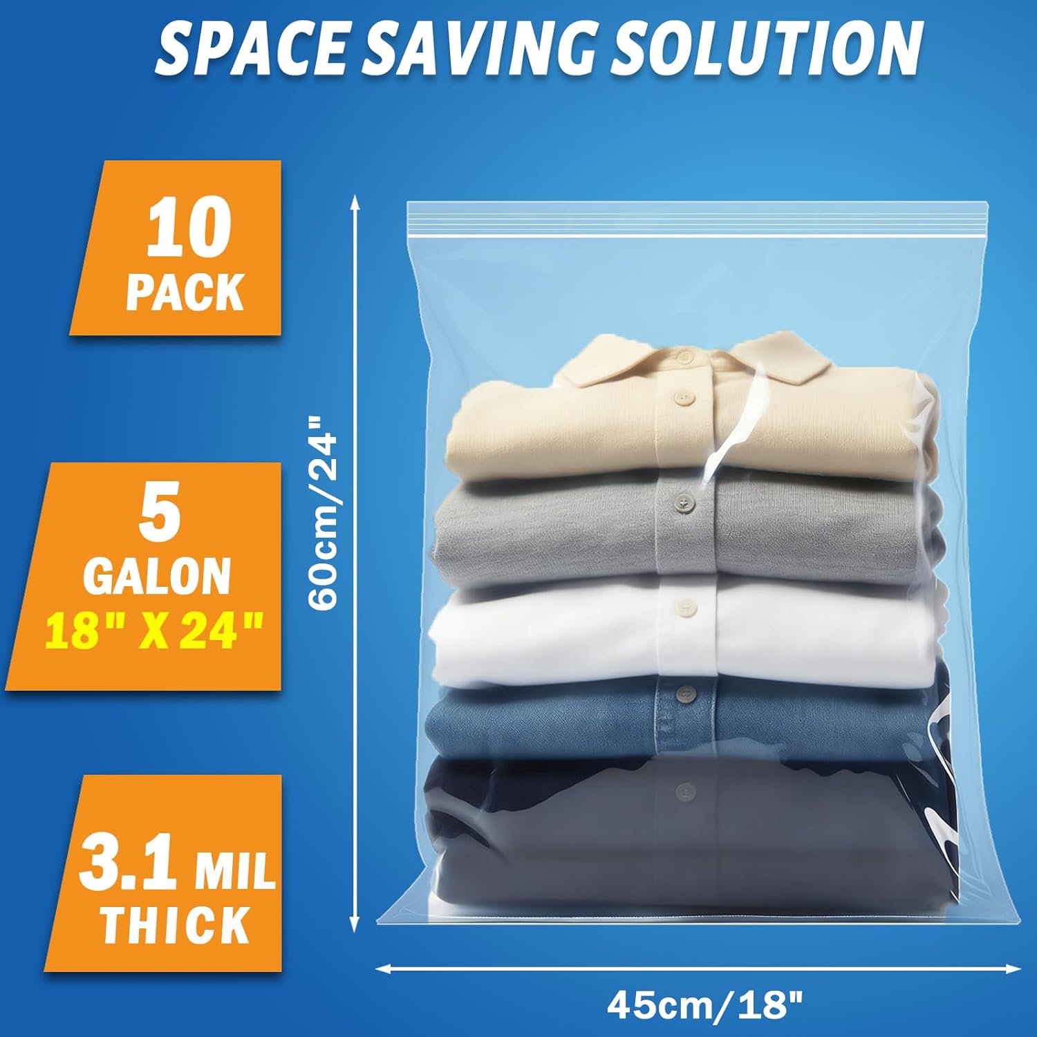 Extra Large Storage Bags - Zipper Seal, 3.1-mil Thick, Heavy Duty, 5 Gallon 18" x 24", Jumbo Plastic Bags for Clothes, Travel, Moving, Large Reusable Freezer Bags, BPA-Free 10 Count