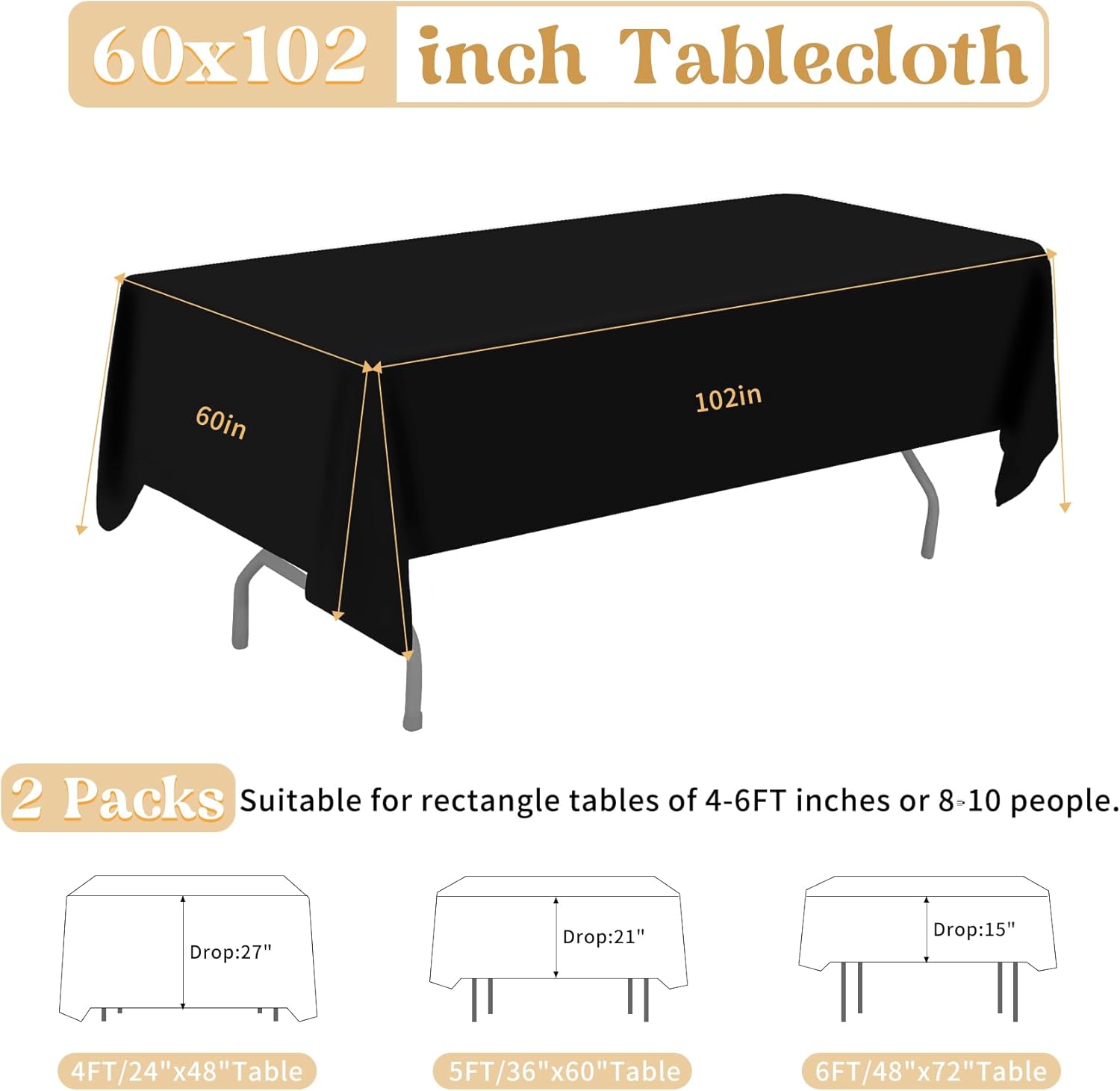 2 Pack 60 x 102 Inch Black Rectangle Tablecloth for 6 Foot Table Washable Reusable Outdoor Polyester Fabric Decorative Table Cover for Dining, Buffet, Camping, Baby Shower, Party