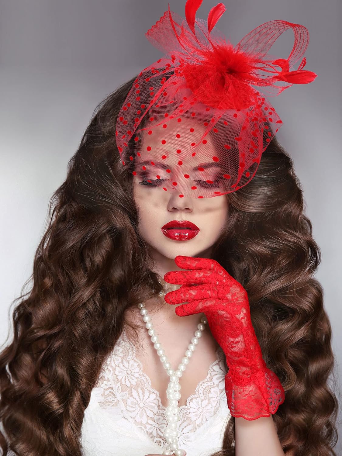 50s Fascinators for Women Funeral Veil Tea Party Hat and Gloves Pillbox Cocktail Hat