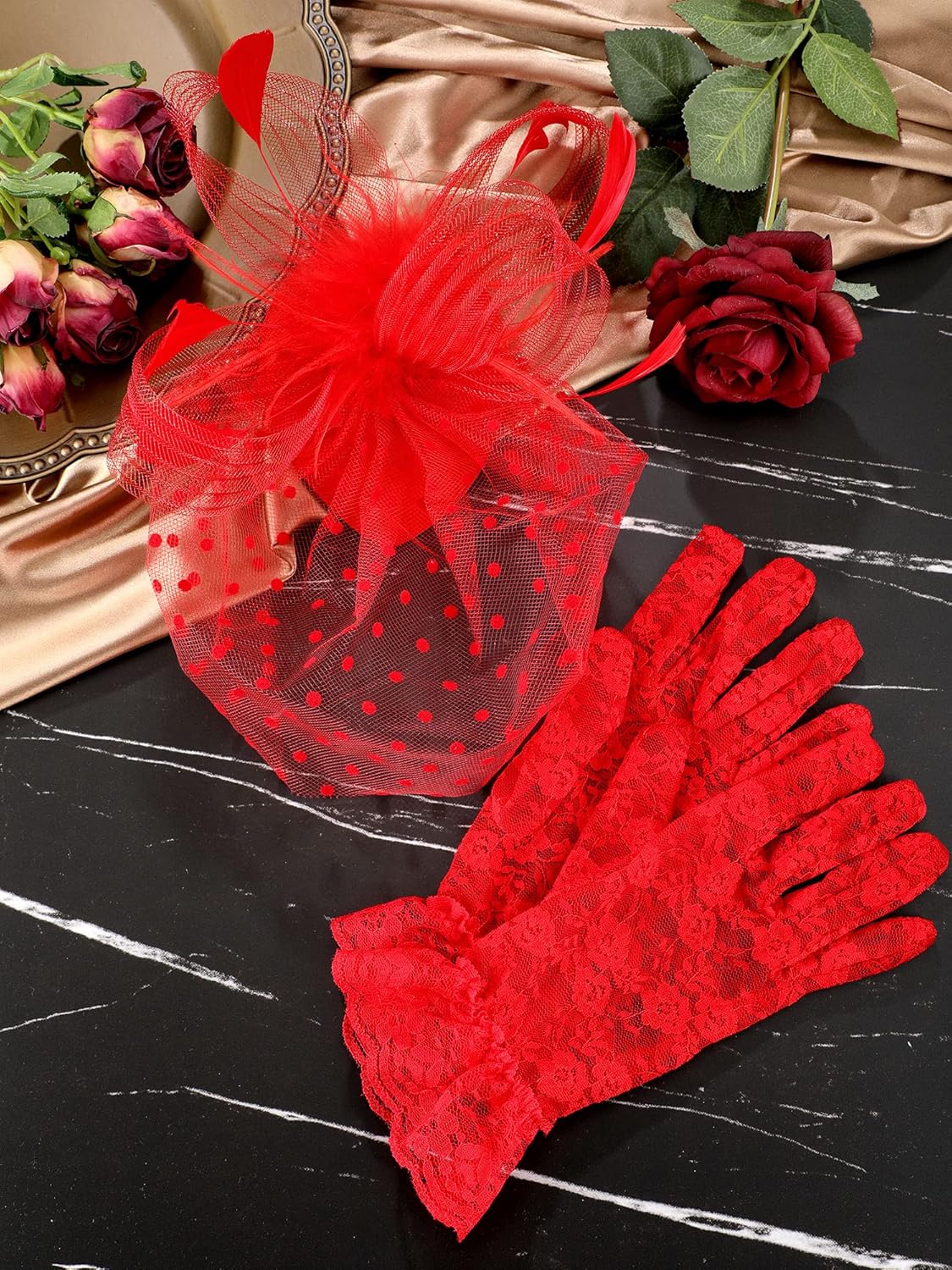 50s Fascinators for Women Funeral Veil Tea Party Hat and Gloves Pillbox Cocktail Hat