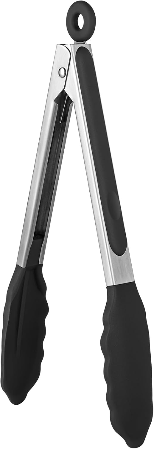 600ºF Heat Resistant Kitchen Tongs: 9 inch Silicone Cooking Tong with Firm Sealed Non Stick Rubber Tips & Silicon Coated 18/8 Stainless Steel Handle & Smooth Locking for Serving Salad Black