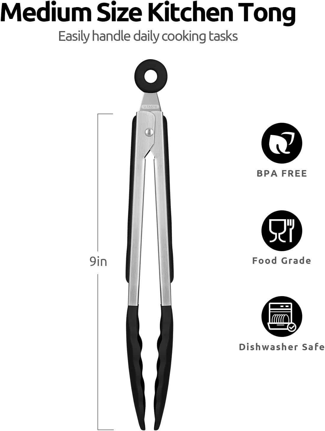 600ºF Heat Resistant Kitchen Tongs: 9 inch Silicone Cooking Tong with Firm Sealed Non Stick Rubber Tips & Silicon Coated 18/8 Stainless Steel Handle & Smooth Locking for Serving Salad Black