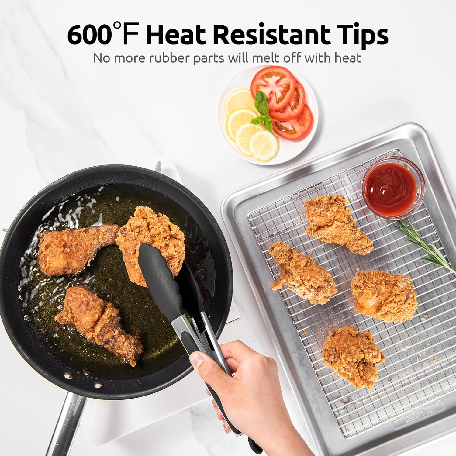 600ºF Heat Resistant Kitchen Tongs: 9 inch Silicone Cooking Tong with Firm Sealed Non Stick Rubber Tips & Silicon Coated 18/8 Stainless Steel Handle & Smooth Locking for Serving Salad Black
