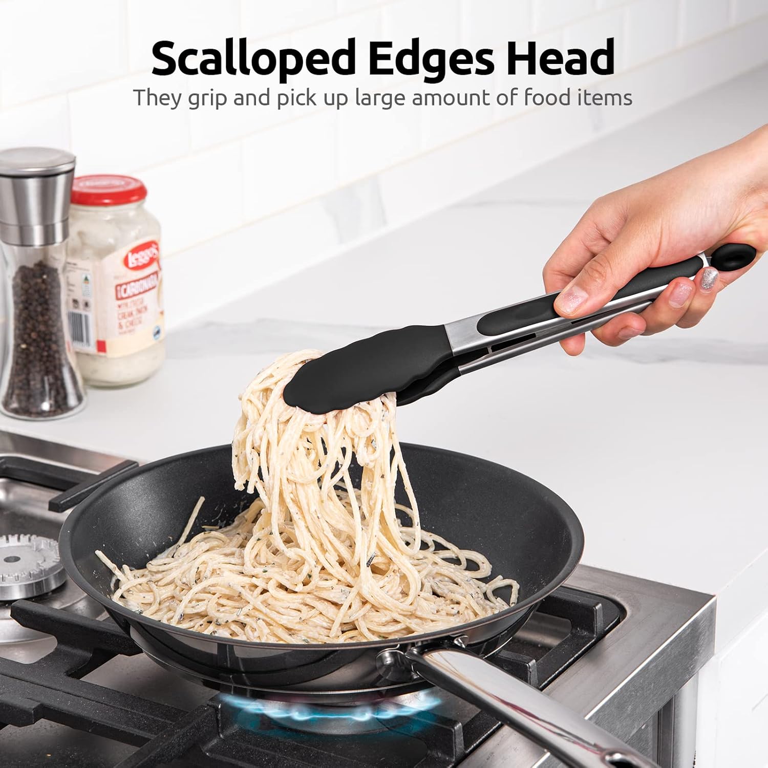 600ºF Heat Resistant Kitchen Tongs: 9 inch Silicone Cooking Tong with Firm Sealed Non Stick Rubber Tips & Silicon Coated 18/8 Stainless Steel Handle & Smooth Locking for Serving Salad Black