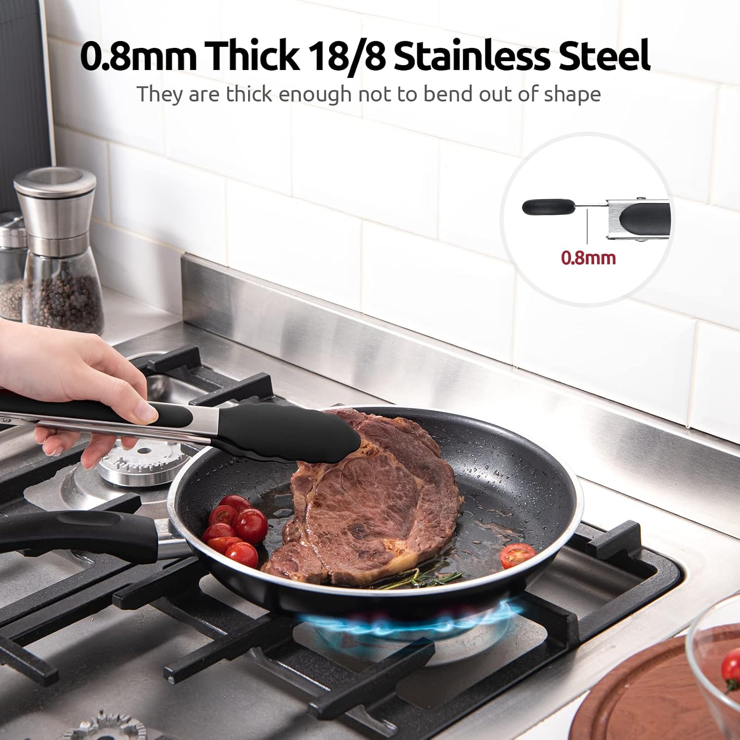 600ºF Heat Resistant Kitchen Tongs: 9 inch Silicone Cooking Tong with Firm Sealed Non Stick Rubber Tips & Silicon Coated 18/8 Stainless Steel Handle & Smooth Locking for Serving Salad Black